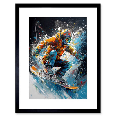B&Q -  Wall Art Print Snowboarder Landing Snowboard Jump Splatter Paint Artwork Framed 9X7 Inch