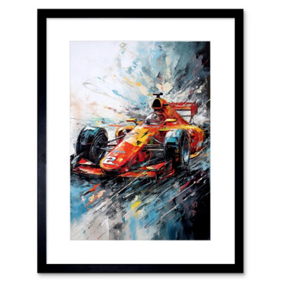 Artery8 Wall Art Print Orange Race Car Grand Prix Action Shot Painting Artwork Framed 9X7 Inch from B&Q