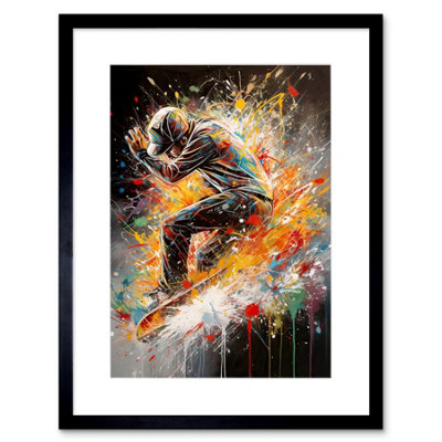 Artery8 Wall Art Print Skateboarder Vibrant Splat Paint Action Shot Artwork Framed 9X7 Inch from B&Q