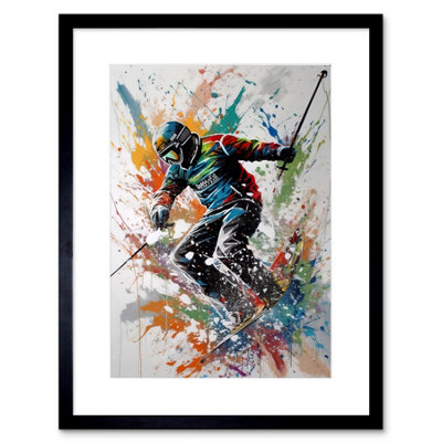 Artery8 Wall Art Print Skier Skiing Multicoloured Paint Splat Action Shot Artwork Framed 9X7 Inch from B&Q