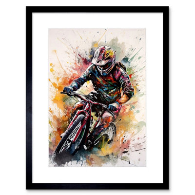 Artery8 Wall Art Print Mountain Biker Action Shot Paint Splat Portrait Artwork Framed 9X7 Inch from B&Q