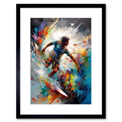 Artery8 Wall Art Print Surfer Surfing On Rainbow Paint Splat Waves Artwork Framed 9X7 Inch from B&Q