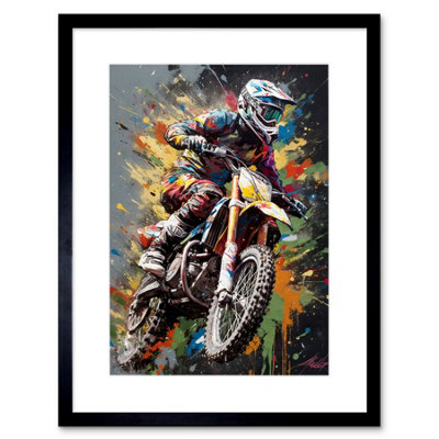 Artery8 Wall Art Print Dirt Bike Sport Splatter Paint Motocross Rider Artwork Framed 9X7 Inch from B&Q