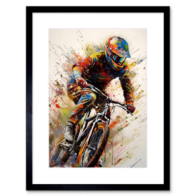 Artery8 Wall Art Print Mountain Biker Portrait Splat Paint Action Shot Artwork Framed 9X7 Inch from B&Q