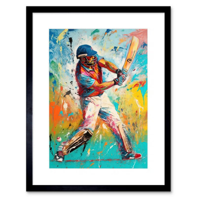 Artery8 Wall Art Print Cricket Shot Vibrant Cricketer Batsman Portrait Artwork Framed 9X7 Inch from B&Q