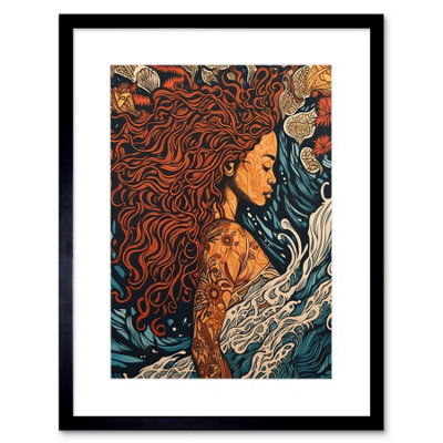 Artery8 Wall Art Print Sea Water Woman Modern Art Nouveau Linocut Artwork Framed 9X7 Inch from B&Q