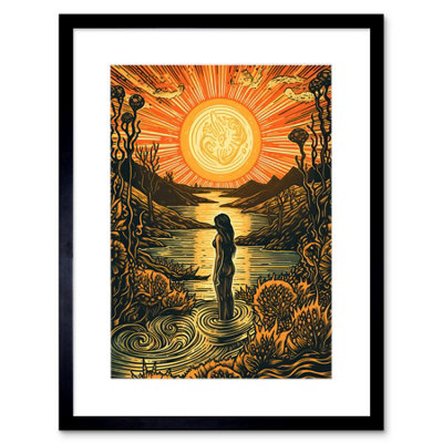 Artery8 Wall Art Print Woman Bathing In Creek At Sunset Modern Linocut Artwork Framed 9X7 Inch from B&Q