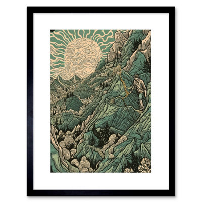 Artery8 Wall Art Print Climb Every Mountain Hikers At Sunrise Linocut Artwork Framed 9X7 Inch from B&Q