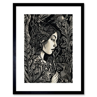Artery8 Wall Art Print Woman With Crow In A Field Black And White Linocut Artwork Framed 9X7 Inch from B&Q