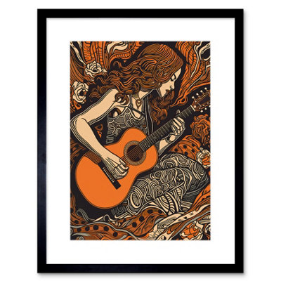 Artery8 Wall Art Print Woman Playing Guitar Music In Rose Flower Field Artwork Framed 9X7 Inch from B&Q