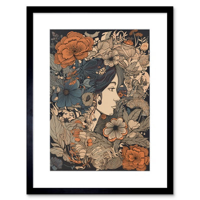 B&Q -  Wall Art Print Woman Floral Profile Portrait Boho Art Nouveau Artwork Framed 9X7 Inch