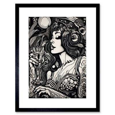 Artery8 Wall Art Print Woman Drinking Wine Black And White Artwork Framed 9X7 Inch from B&Q