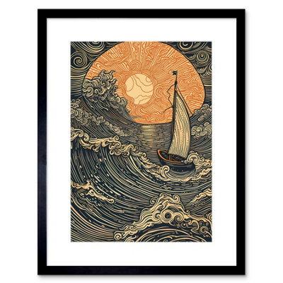 Artery8 Wall Art Print Boat Sailing Into The Sunset Linocut Artwork Framed 9X7 Inch from B&Q