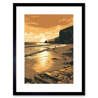 Artery8 Wall Art Print Couple Walking On The Beach At Sunset Artwork Framed 9X7 Inch from B&Q