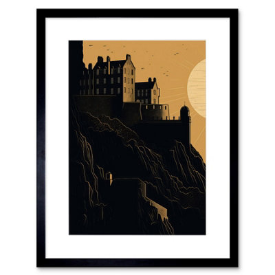 Artery8 Wall Art Print Edinburgh Castle At Sunset Linocut Artwork Framed 9X7 Inch from B&Q