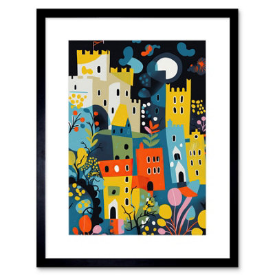 Artery8 Wall Art Print Nottingham At Night Abstract Folk Art Cityscape Artwork Framed 9X7 Inch from B&Q