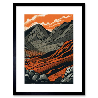 B&Q -  Wall Art Print Scafell Pike Mountain Landscape In Amber And Grey Artwork Framed 9X7 Inch