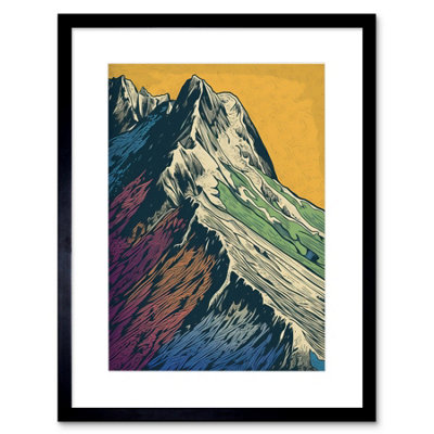 Artery8 Wall Art Print Multicoloured Mountain Range Peaks Pop Art Linocut Artwork Framed 9X7 Inch from B&Q