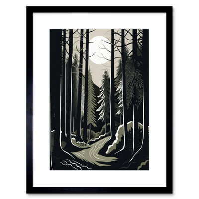 B&Q -  Wall Art Print Full Moon Night At Pine Forest Landscape Linocut Artwork Framed 9X7 Inch