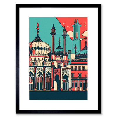 Artery8 Wall Art Print Brighton's Royal Pavilion In Ivory Blue And Red Artwork Framed 9X7 Inch from B&Q