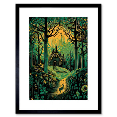 B&Q -  Wall Art Print Cabin Hut In The Forest Green And Orange Linocut Artwork Framed 9X7 Inch