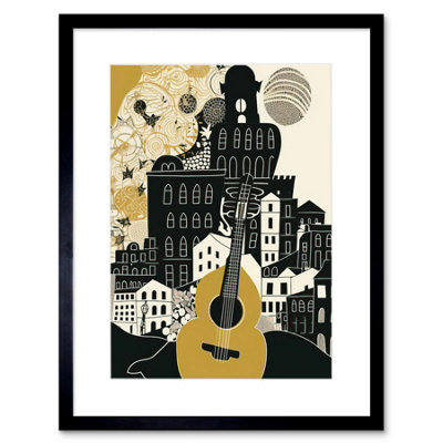 Artery8 Wall Art Print Edinburgh Cityscape Fringe Festival Guitar Linocut Artwork Framed 9X7 Inch from B&Q