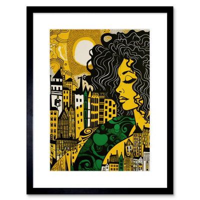 Artery8 Wall Art Print Woman And Edinburgh Cityscape Yellow Green Linocut Artwork Framed 9X7 Inch from B&Q
