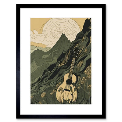 B&Q -  Wall Art Print Guitar On Mountain Landscape Morning At Campsite Artwork Framed 9X7 Inch