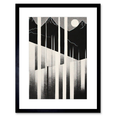 Artery8 Wall Art Print Abstract Mountain Landscape Lake Sunrise Linocut Artwork Framed 9X7 Inch from B&Q