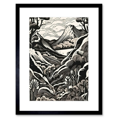 Artery8 Wall Art Print Forest Mountain Landscape Black And White Linocut Artwork Framed 9X7 Inch from B&Q