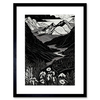 Artery8 Wall Art Print Wildflowers In Spring Mountain Landscape Linocut Artwork Framed 9X7 Inch from B&Q