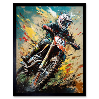 Artery8 Framed Wall Art Motocross Race Sport Driver Action Shot Painting12X16 Inch from B&Q