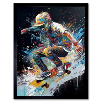 Artery8 Framed Wall Art Skateboarder Skating Multicoloured Splat Paint12X16 Inch from B&Q
