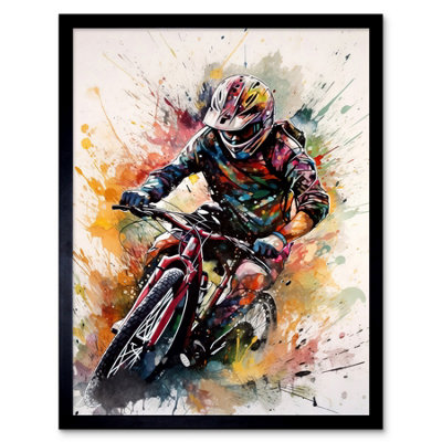 B&Q -  Framed Wall Art Mountain Biker Action Shot Paint Splat Portrait12X16 Inch
