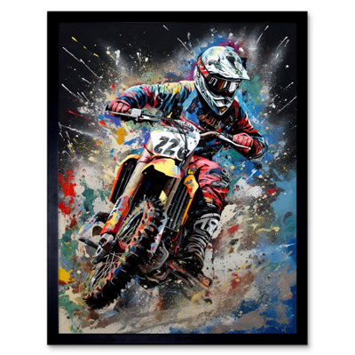 Artery8 Framed Wall Art Motocross Race Action Shot Extreme Sport Painting12X16 Inch from B&Q