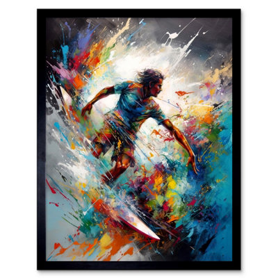 Artery8 Framed Wall Art Surfer Surfing On Rainbow Paint Splat Waves12X16 Inch