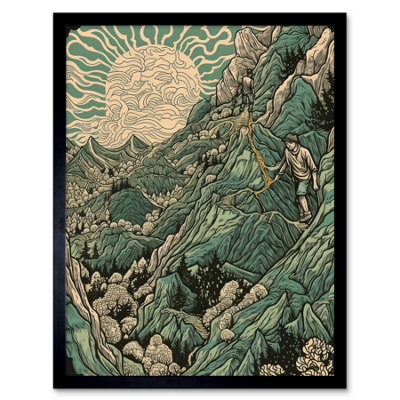 B&Q -  Framed Wall Art Climb Every Mountain Hikers At Sunrise Linocut12X16 Inch