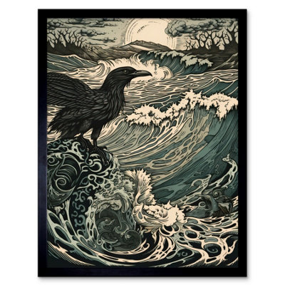 Artery8 Framed Wall Art Raven And Crashing Waves Coastal Sunrise Landscape12X16 Inch from B&Q