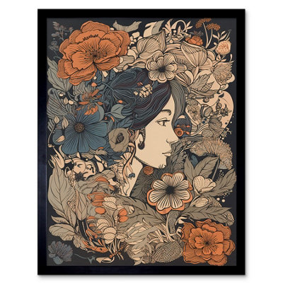 B&Q -  Framed Wall Art Woman Floral Profile Portrait Boho Art Nouveau12X16 Inch