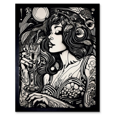 B&Q -  Framed Wall Art Woman Drinking Wine Black And White12X16 Inch