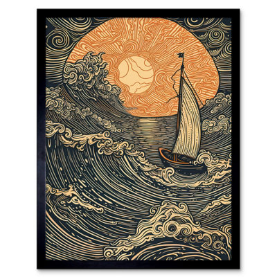 Artery8 Framed Wall Art Boat Sailing Into The Sunset Linocut - 12X16 Inch