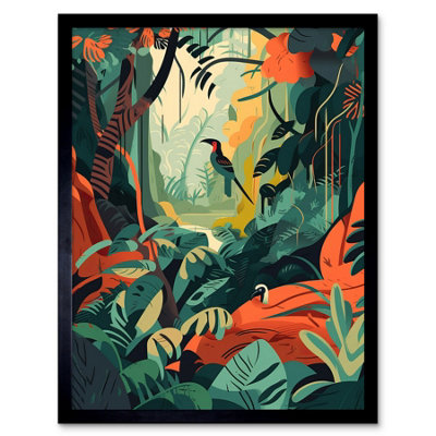 B&Q -  Framed Wall Art Rainforest Diverse Flora And Tropical Birds12X16 Inch