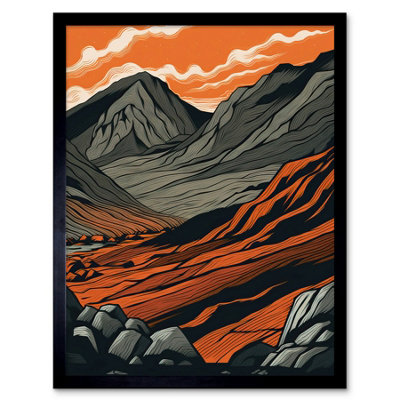 Artery8 Framed Wall Art Scafell Pike Mountain Landscape In Amber And Grey12X16 Inch