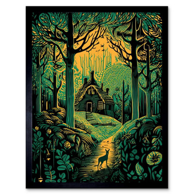 B&Q -  Framed Wall Art Cabin Hut In The Forest Green And Orange Linocut12X16 Inch