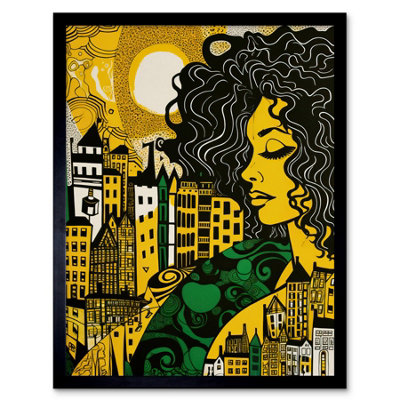 B&Q -  Framed Wall Art Woman And Edinburgh Cityscape Yellow Green Linocut12X16 Inch