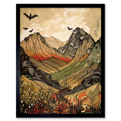 Artery8 Framed Wall Art Mountain Landscape Multicoloured Pattern Linocut12X16 Inch from B&Q