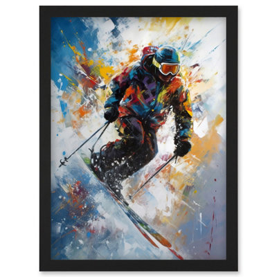 Artery8 Skier Skiing Down Slope Vibrant Splat Art Painting Wall Art PrintA4 Size from B&Q
