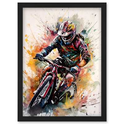 Artery8 Mountain Biker Action Shot Paint Splat Portrait Wall Art PrintA4 Size