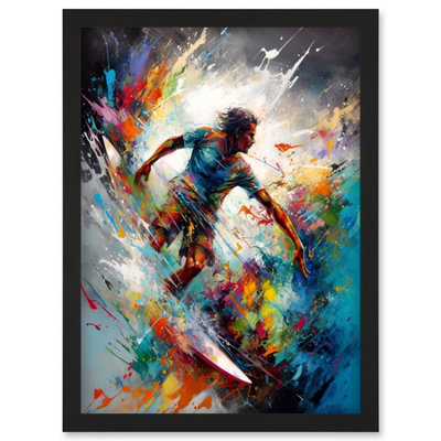 Artery8 Surfer Surfing On Rainbow Paint Splat Waves Wall Art PrintA4 Size