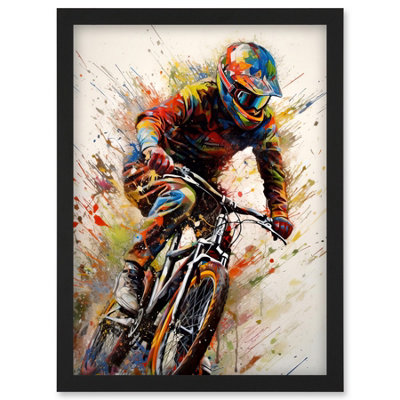 Artery8 Mountain Biker Portrait Splat Paint Action Shot Wall Art PrintA4 Size